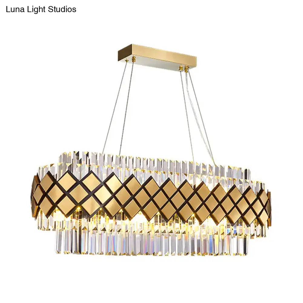 DecorBites™ contemporary gold pendant light with clear crystal lattice frame and geometric diamond pattern for dining room