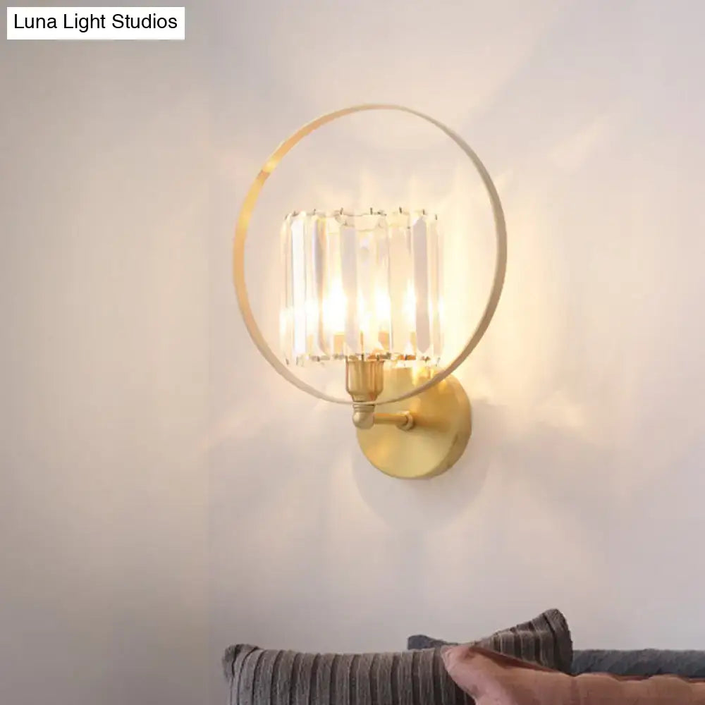 Contemporary gold and crystal wall light with clear faceted prisms suitable for 220v-240v 110v-120v use