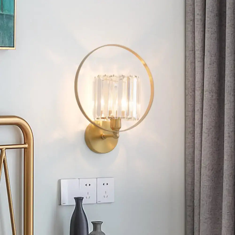 Contemporary gold and crystal wall light with circular frame and vertical crystal accents for living room 220v-240v 110v-120v