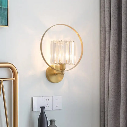 Contemporary gold and crystal wall light with circular frame and vertical crystal accents for living room 220v-240v 110v-120v