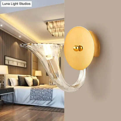 Contemporary gold and clear glass horn wall lamp with decorative ball accent and circular backplate 220v-240v wall lamp