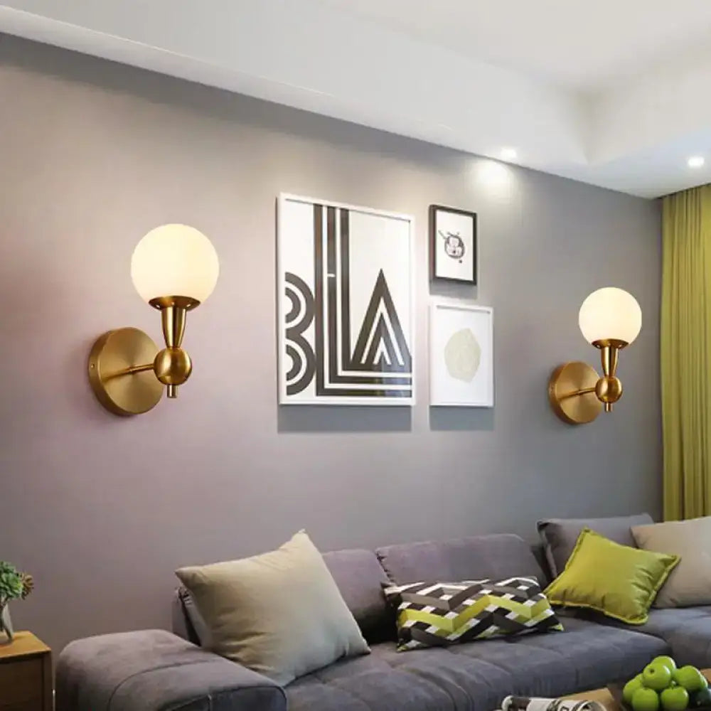 Contemporary gold wall light fixture with frosted white glass globe shades e12 for bedroom fixture height design