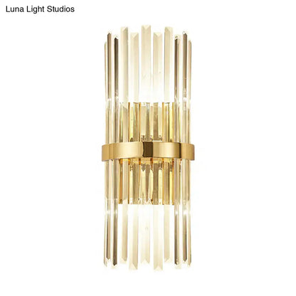 Elegant gold wall lamp with cylinder design crystal rods and central brass band for 220v-240v living room use