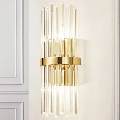 Contemporary gold wall sconce with vertical crystal rods and brass band featuring cylinder design 220v-240v 110v-120v