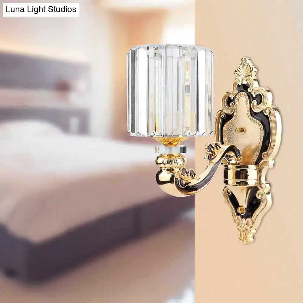 Contemporary gold crystal cylinder wall sconce with e26 e27 fixture height and ornate black-gold detailing