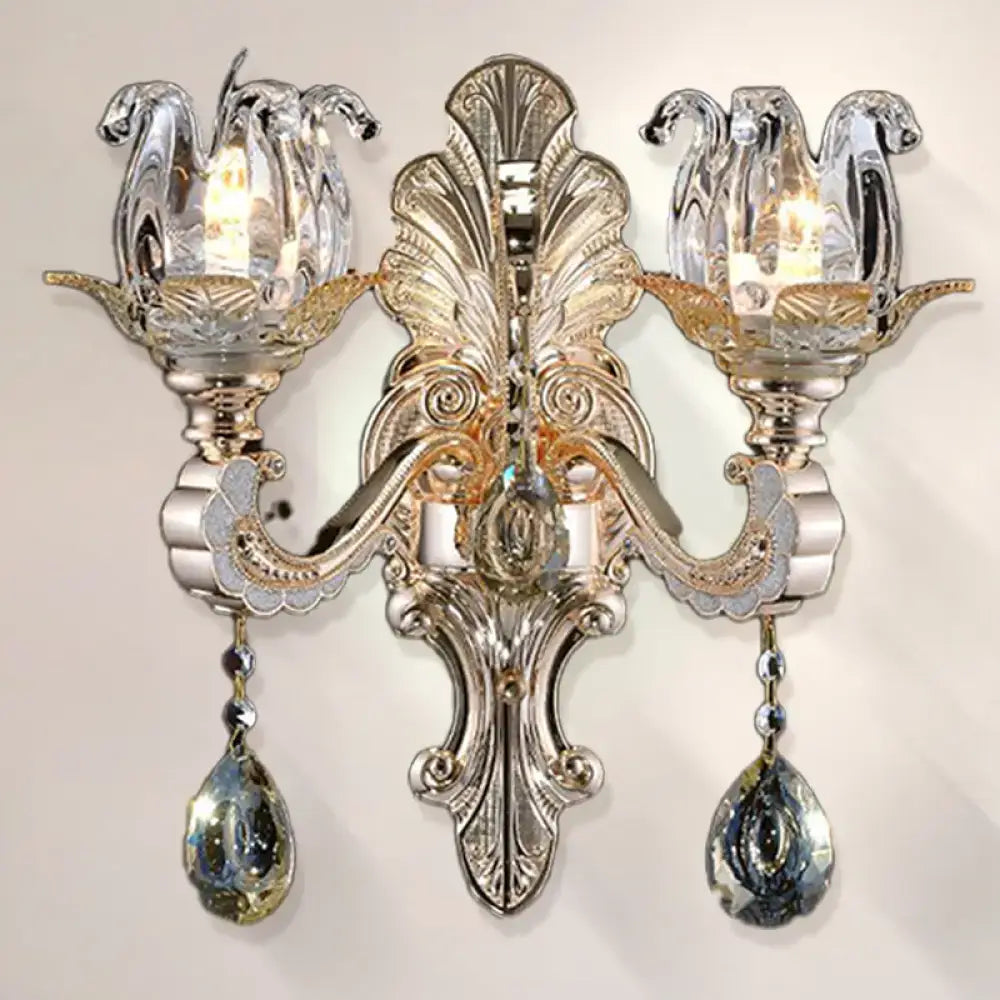 Contemporary silver and gold ornate wall lamp with crystal drop teardrops and swan-shaped lampshades light fixture
