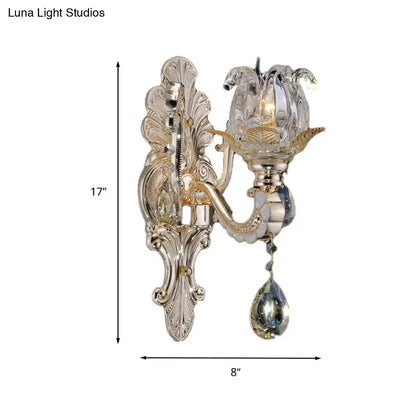 Contemporary silver and gold ornate wall lamp with crystal drop accents light fixture for bedroom use