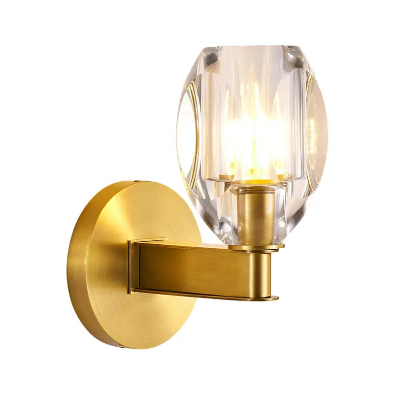 Contemporary gold tone wall light with faceted crystal glass shade compatible with 220v-240v led fluorescent bulbs