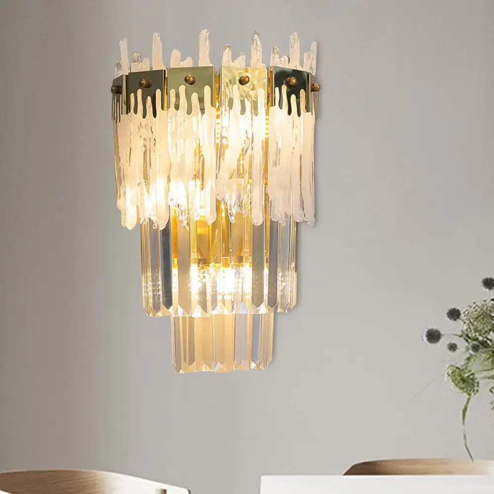 Contemporary gold crystal prisms wall light with cascading glass rods and metallic frame for bedroom flush mount 220v-240v 110v-120v