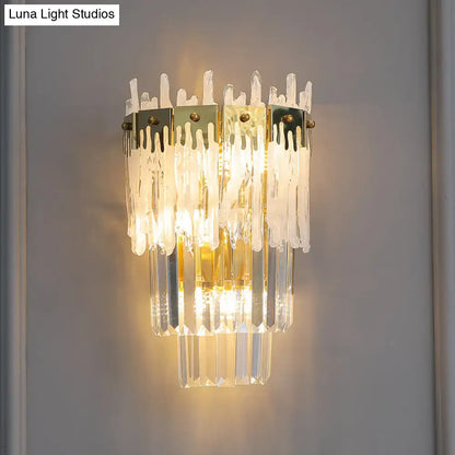 Contemporary gold crystal prisms wall light with cascading clear glass icicles and sleek metallic frame 220v-240v 110v-120v