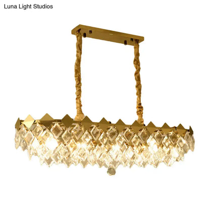 Contemporary gold crystal rhombus chandelier with twisted rope-like chains and cascading clear prisms for dining rooms