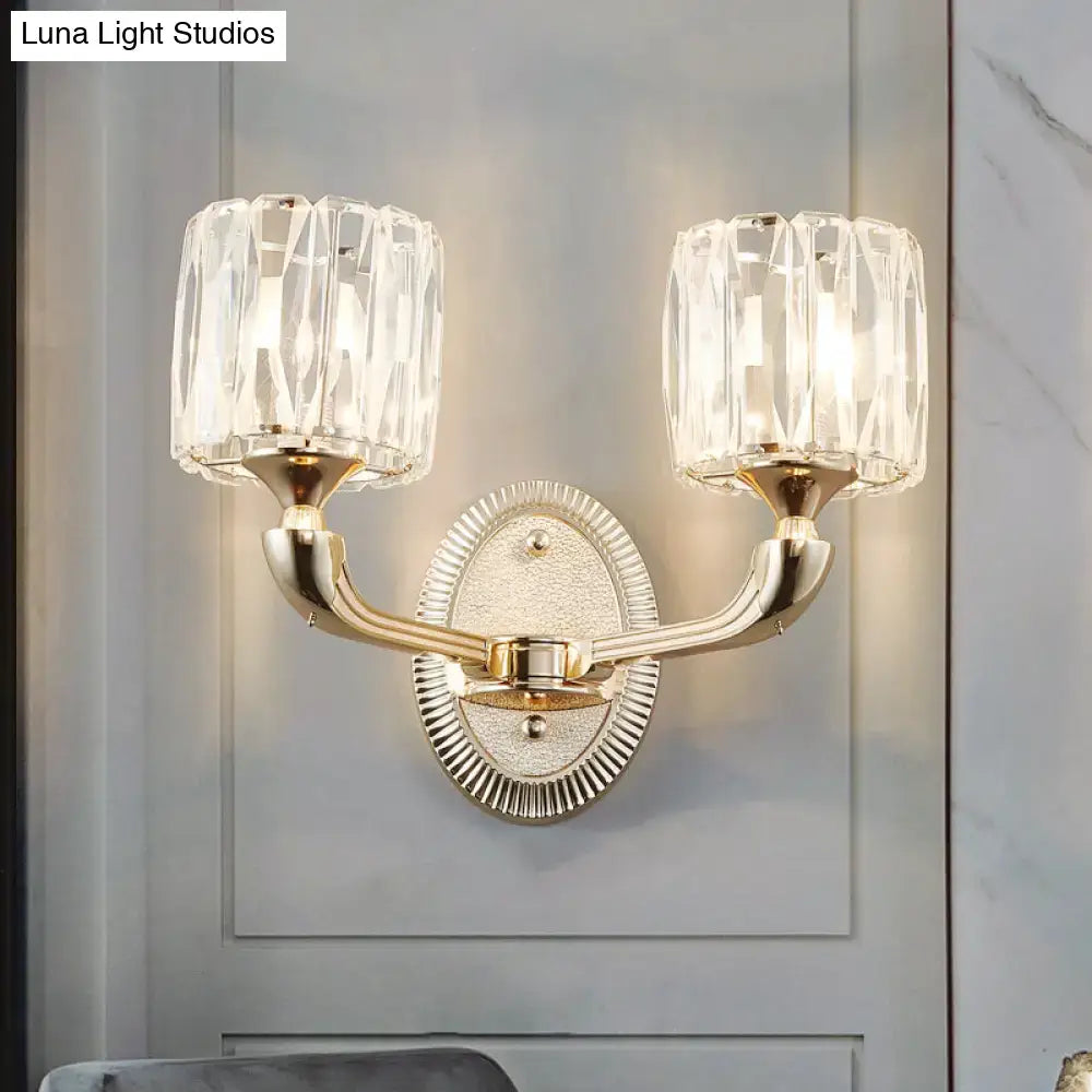 Contemporary gold wall lamp with two faceted crystal shades suitable for led incandescent fluorescent light type