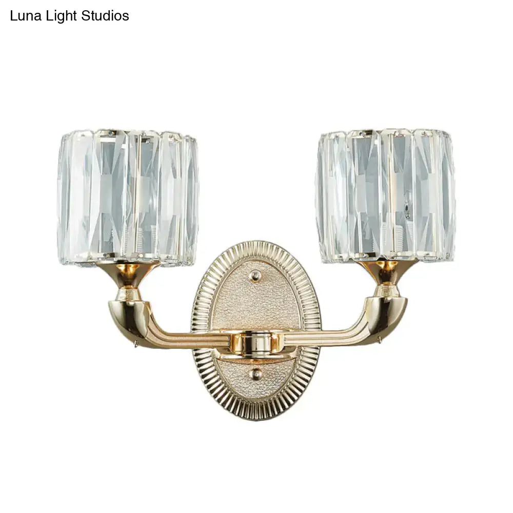 Contemporary gold crystal wall lamp with two faceted crystal shades suitable for led incandescent fluorescent light type