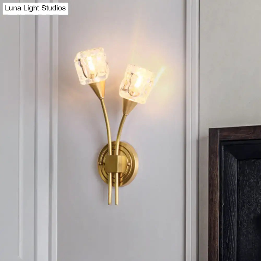 Contemporary gold cube clear crystal wall sconce with two frosted ice cube shades for living room 110v-120v 220v-240v
