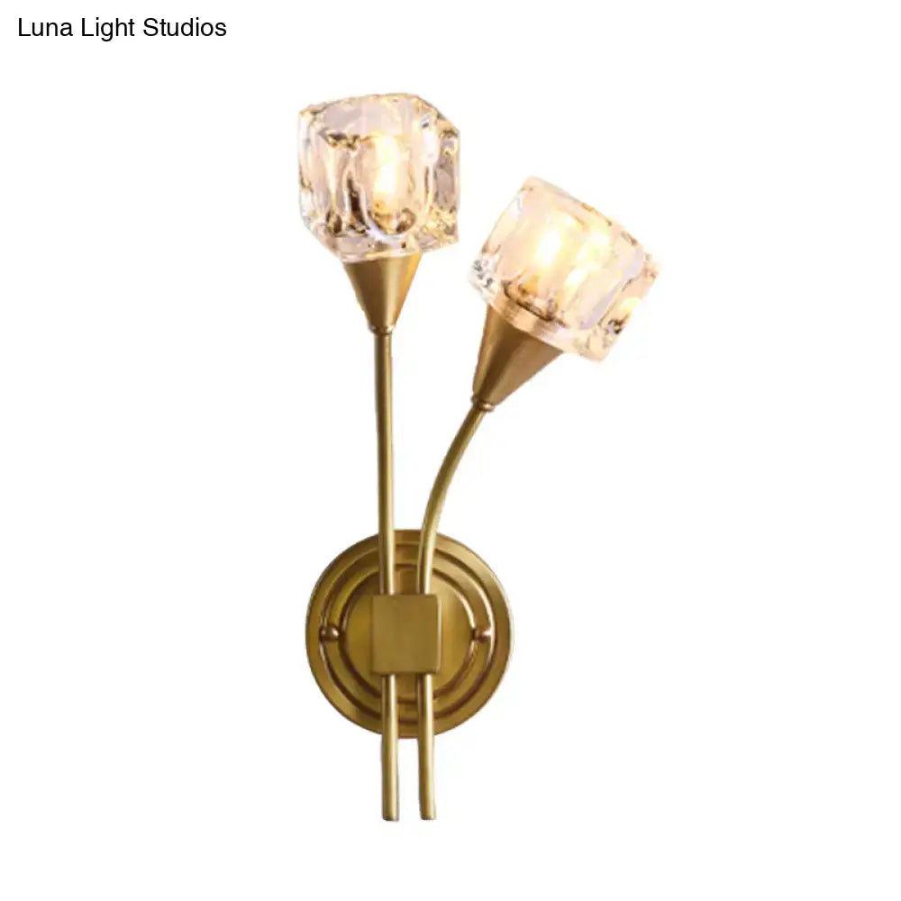 Brass-finished contemporary gold cube wall sconce with clear crystal shades for living room 110v-120v and 220v-240v