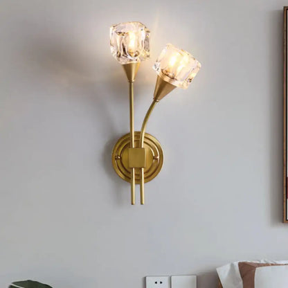 Contemporary gold cube wall sconce with clear crystal glass shades for living room 110v-120v 220v-240v use