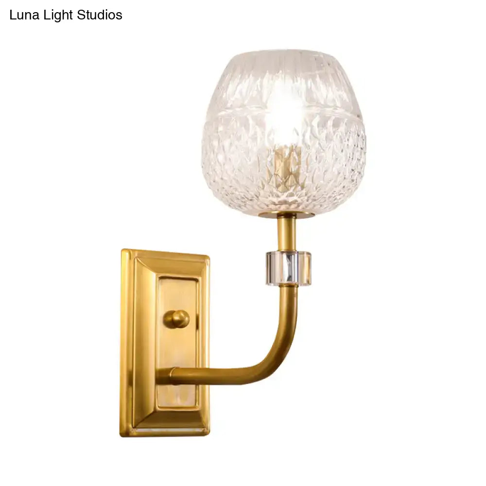 Contemporary gold dome foyer wall light with clear lattice glass shade and crystal accent for elegant wall lighting