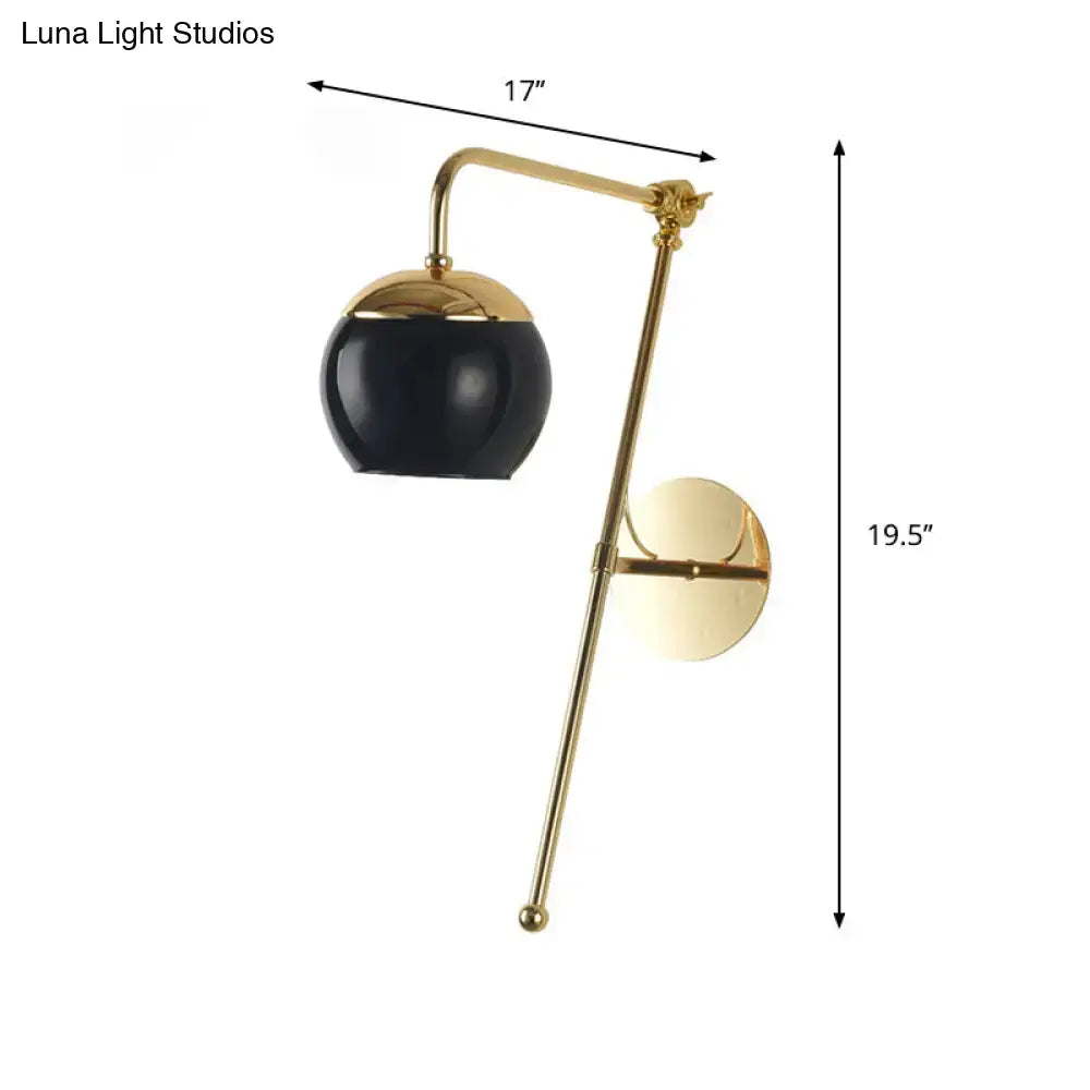 Contemporary gold gooseneck sconce light with a sleek brass wall mount lamp and black clear spherical shade