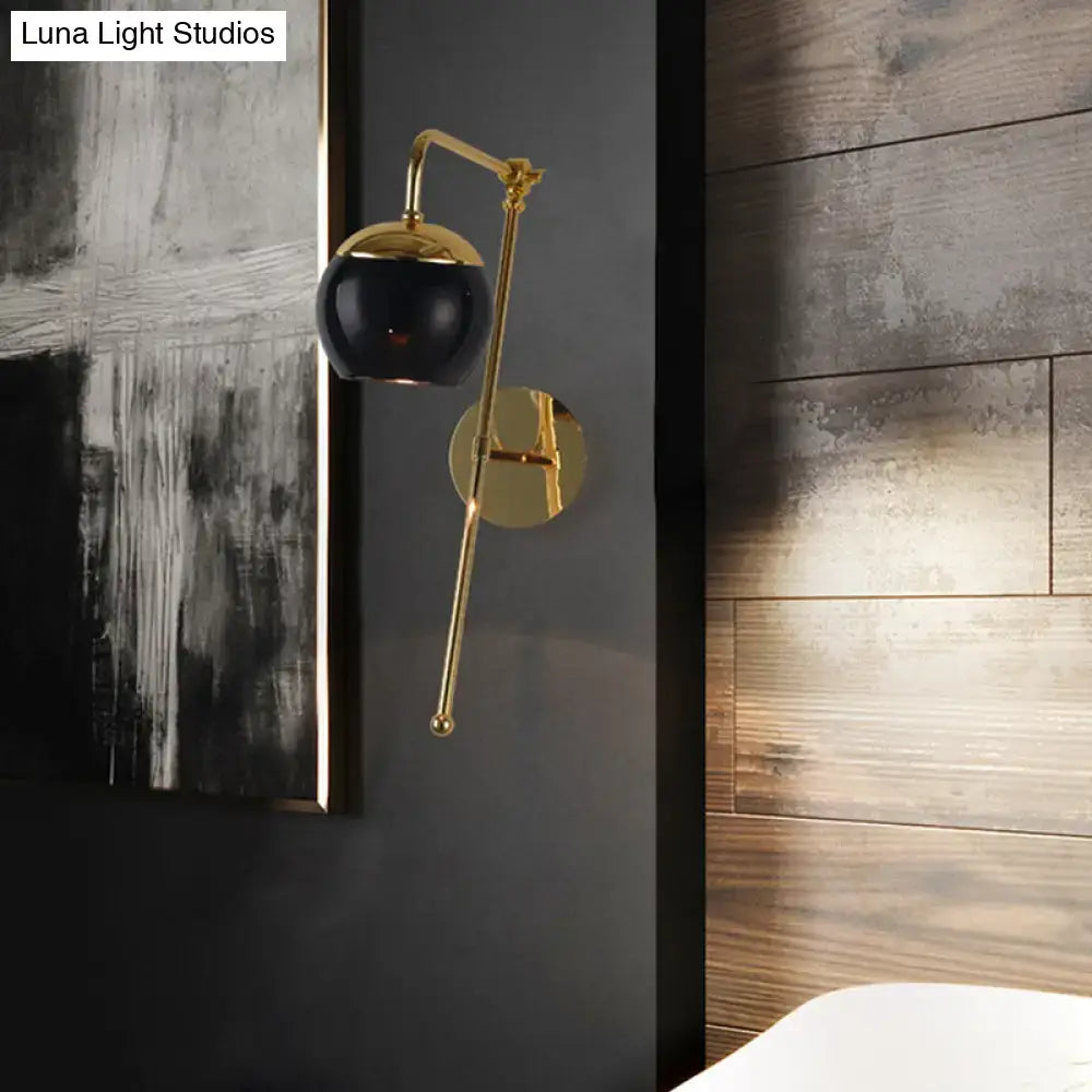 Contemporary gold gooseneck sconce light wall mount lamp with glossy black clear spherical glass shade for bedroom