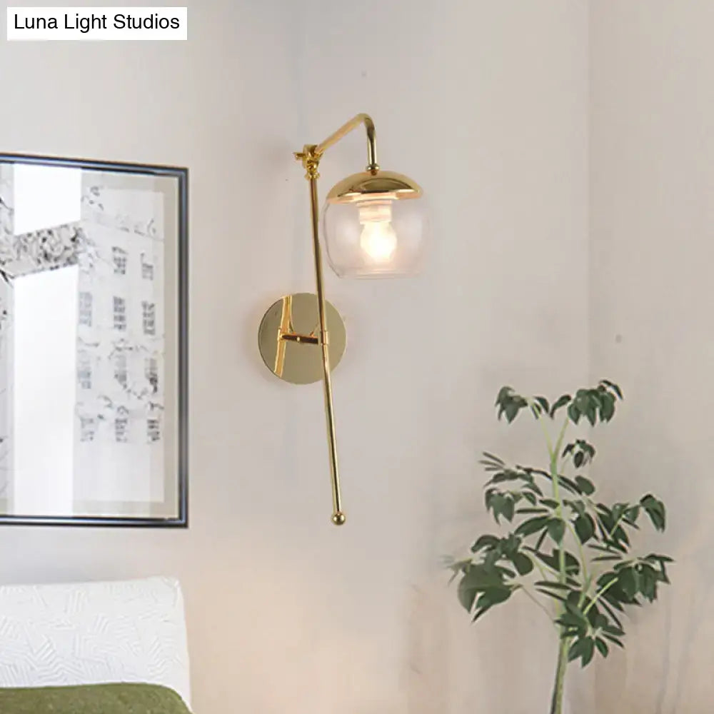 Contemporary gold gooseneck sconce light wall mount lamp with clear glass globe shade for bedroom lighting
