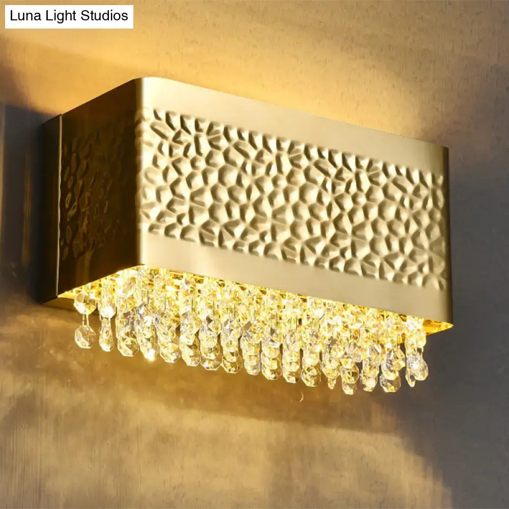 Contemporary gold hammered rectangle sconce light with textured metal face and crystal droplets for wall mounted lighting