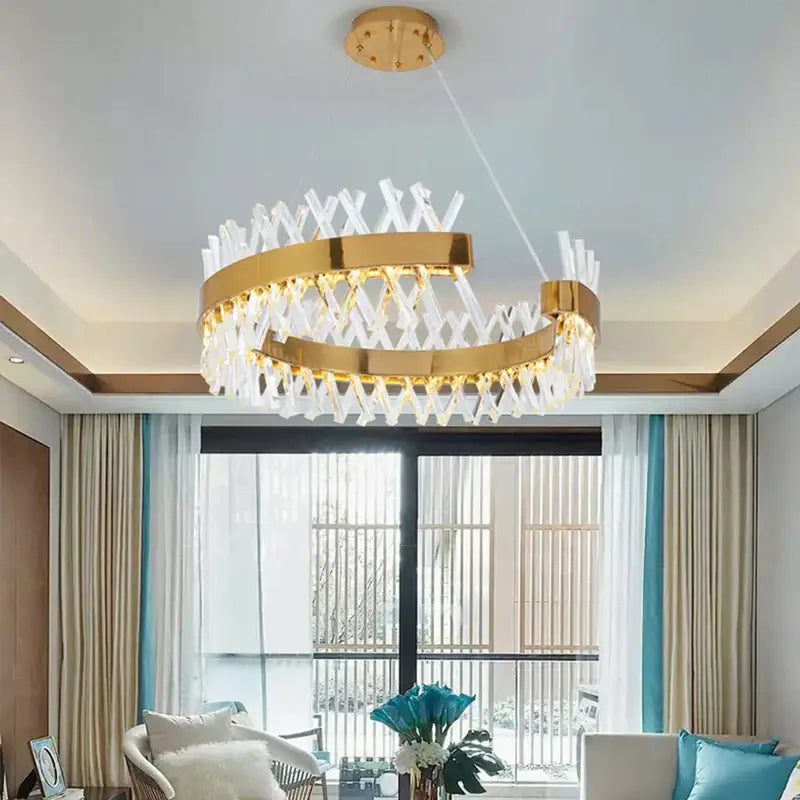 Contemporary gold led crystal chandelier with a modern circular design for living room decorbites contemporary led