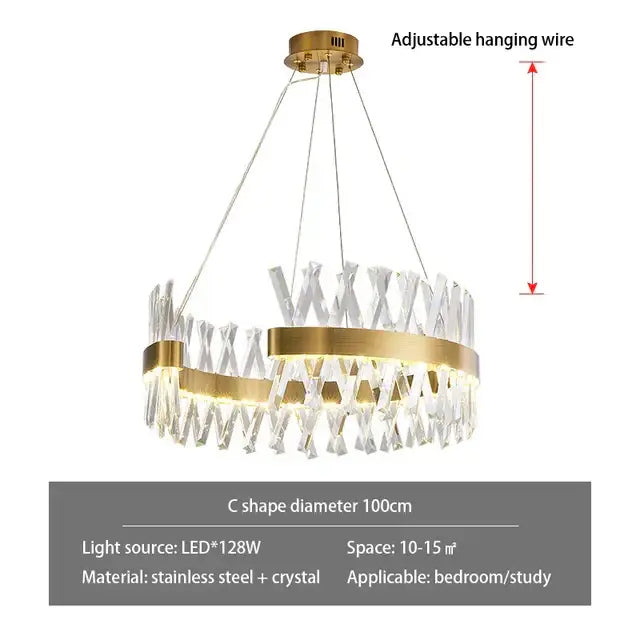 Contemporary gold led crystal chandelier with stainless steel frame and clear crystal accents for living room decorbites contemporary led design