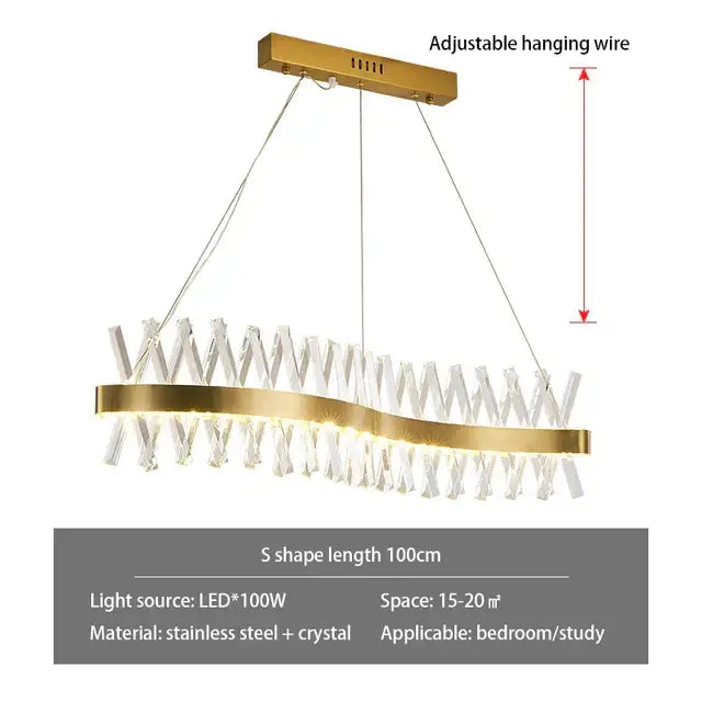 Contemporary gold led crystal chandelier with s-shaped stainless steel frame and clear crystal accents for living room decorbites contemporary led