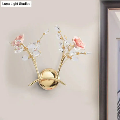 Contemporary gold wall lamp with pink rose crystal branch design bulb base and bulb included for bedroom sconce