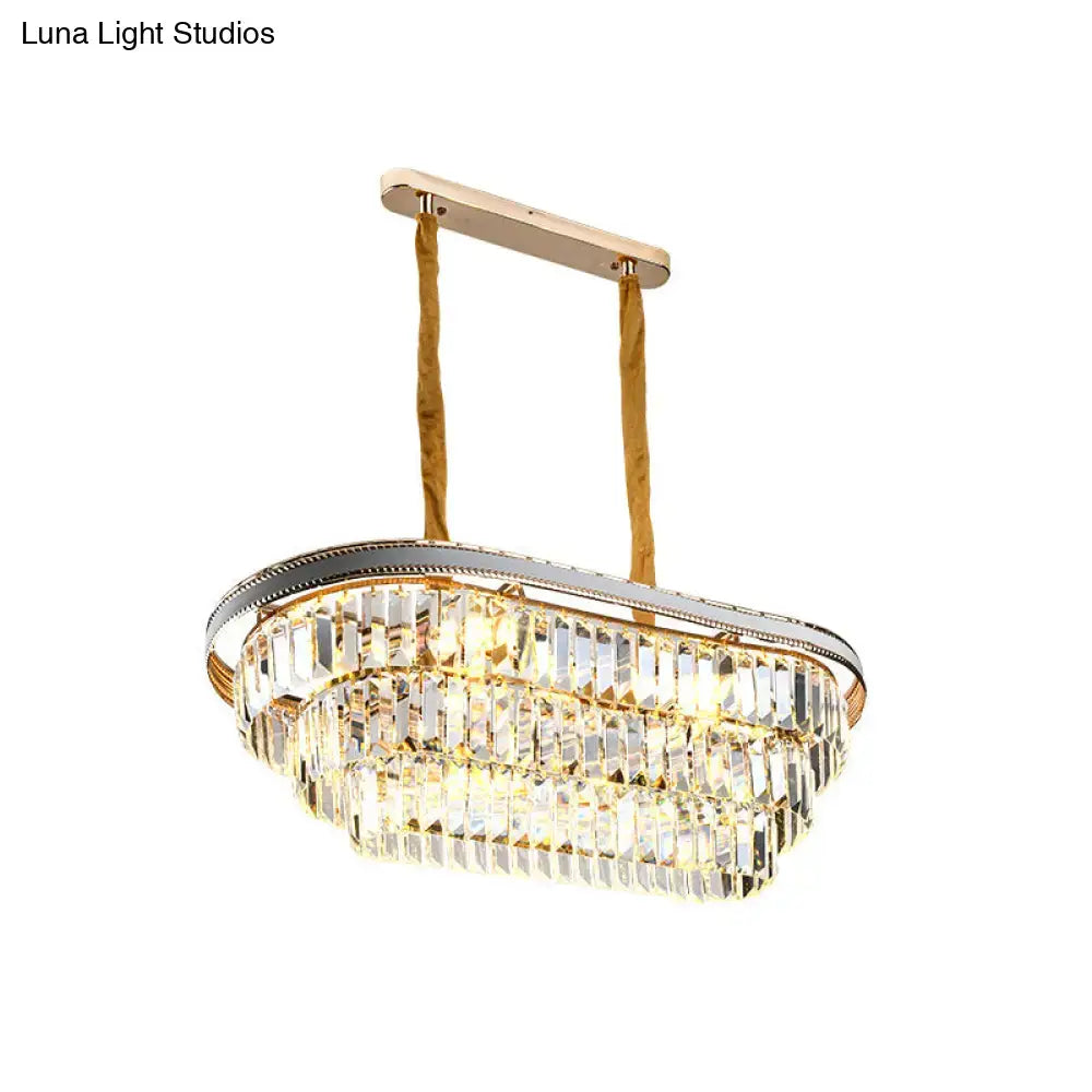 Decorbites™ contemporary 3-tier oval island pendant with clear crystal prisms and polished gold frame for living room