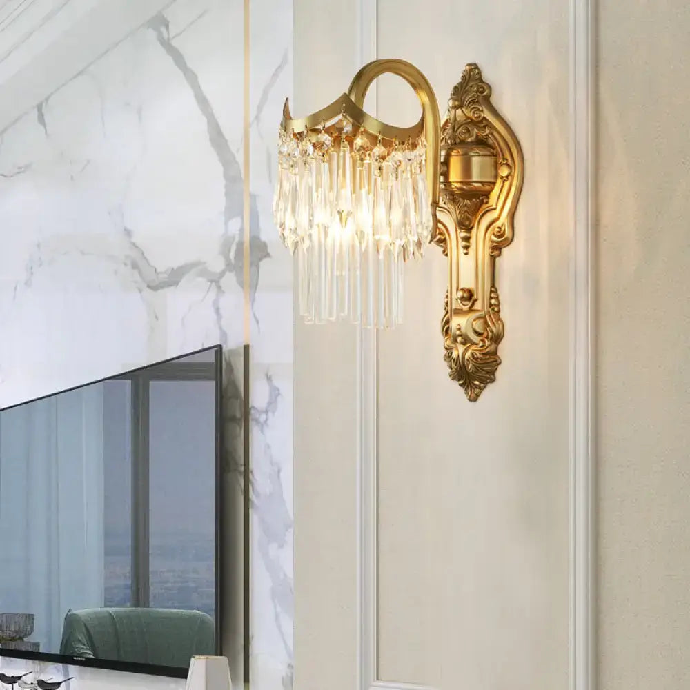 Contemporary gold wall lamp with clear crystal prism and dangling droplets suitable for corridor lighting
