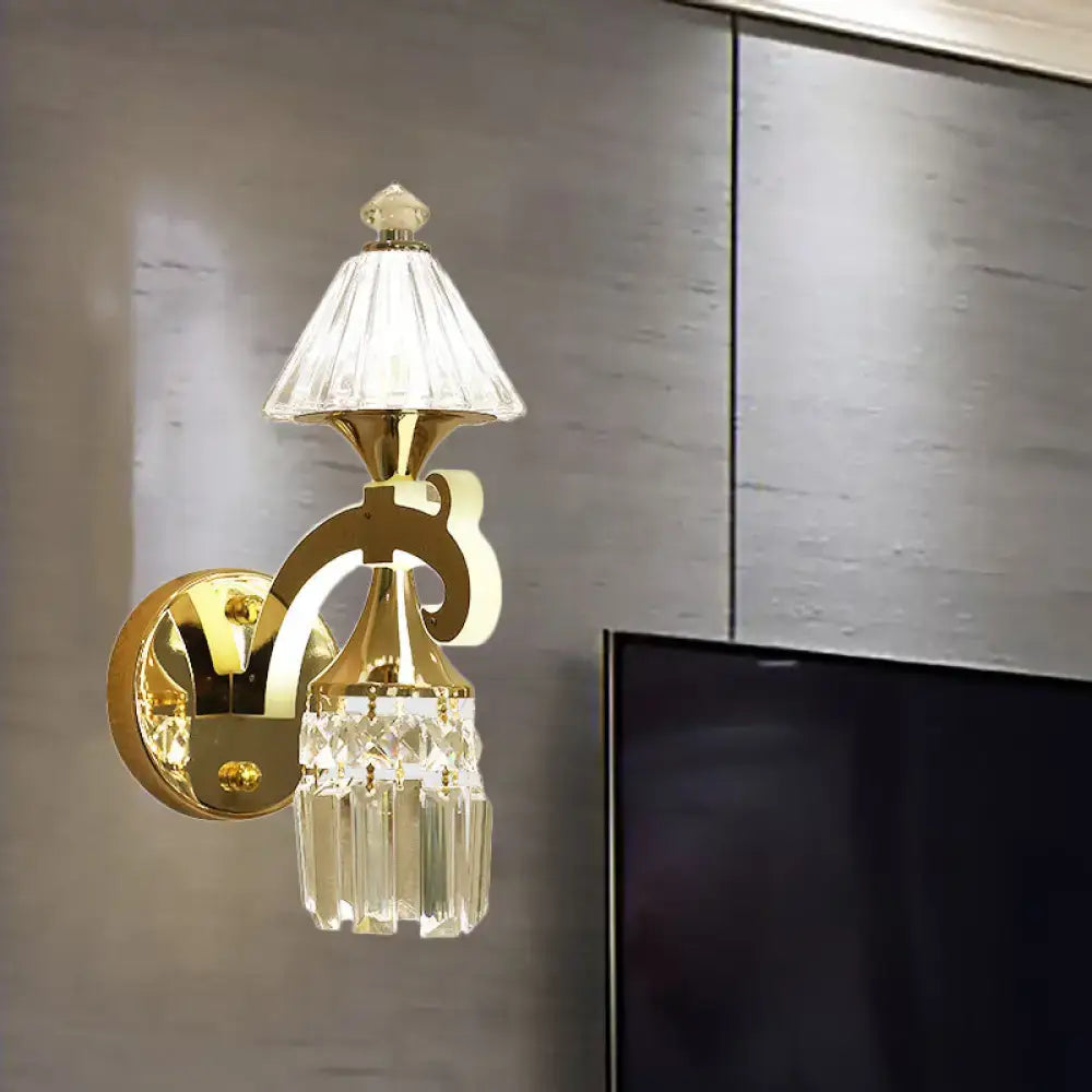 Contemporary gold wall light with clear crystal faceted shade and dangling prisms for bedroom sconce 220v-240v 110v-120v