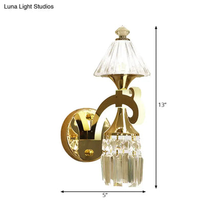 Contemporary gold wall light with clear crystal faceted shade and dangling prisms for bedroom sconce 220v-240v 110v-120v
