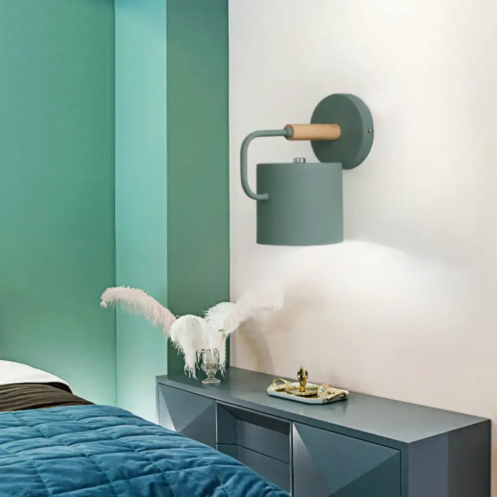 Contemporary gray metal wall light with matte cylindrical shade and wooden handle for 110v-120v and 220v-240v use