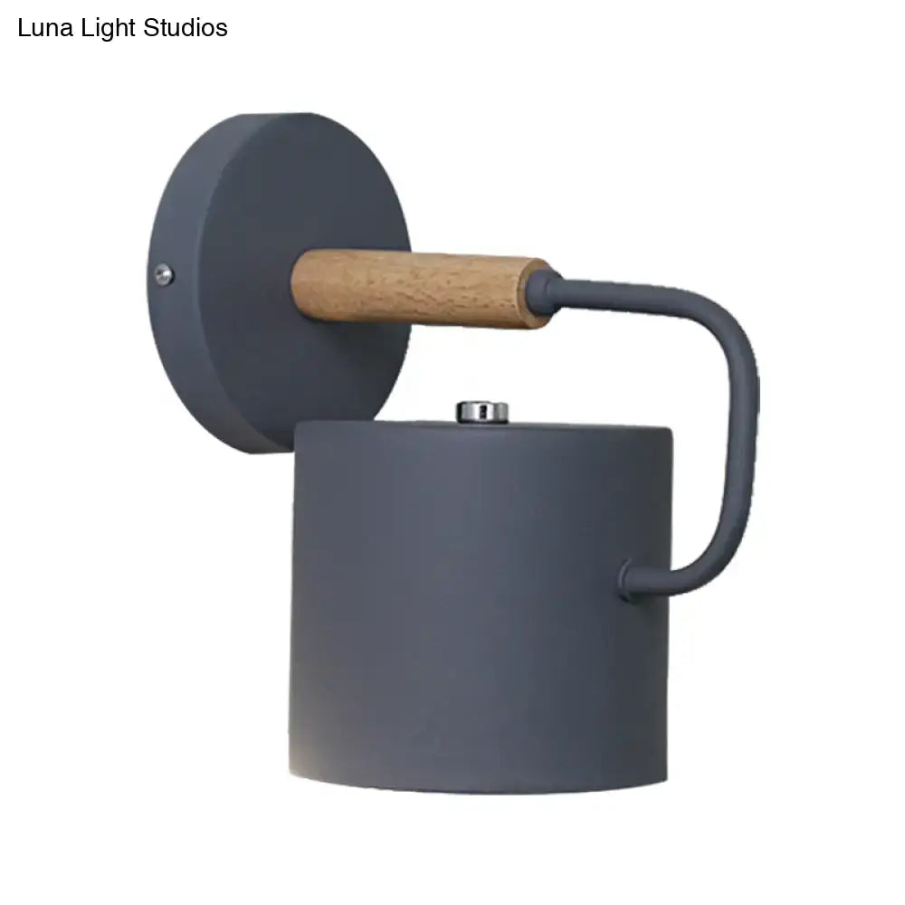 Contemporary gray metal wall light with cylindrical shade wooden handle and curved arm suitable for 110v-120v and 220v-240v