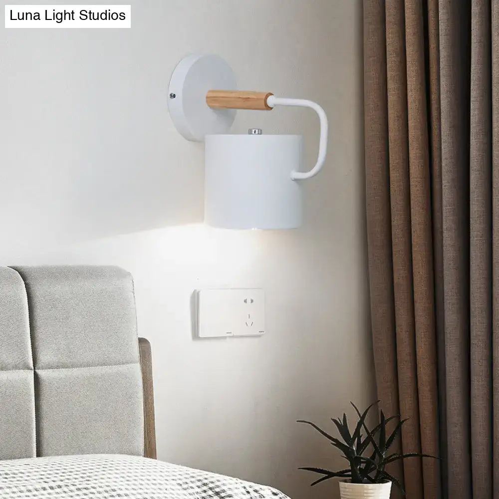 Contemporary gray metal wall light with white ceramic mug-shaped sconce and wooden handle for 110v-120v and 220v-240v use