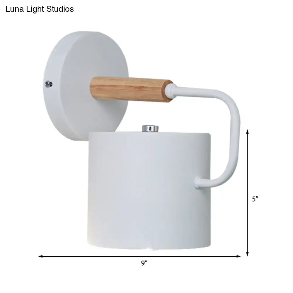 Contemporary gray metal wall light with white cylindrical sconce, wooden handle, curved arm, compatible 110v-120v 220v-240v