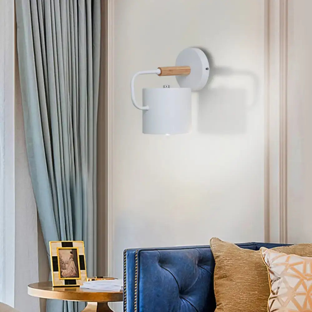 Contemporary gray metal wall light with white ceramic mug-shaped sconce and wooden handle suitable for 110v-120v and 220v-240v