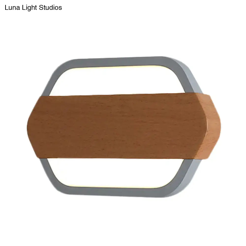 Modern hexagonal wall lamp with a sleek gray metal frame and warm wooden accent panel featuring natural color temperature and direct wired electric