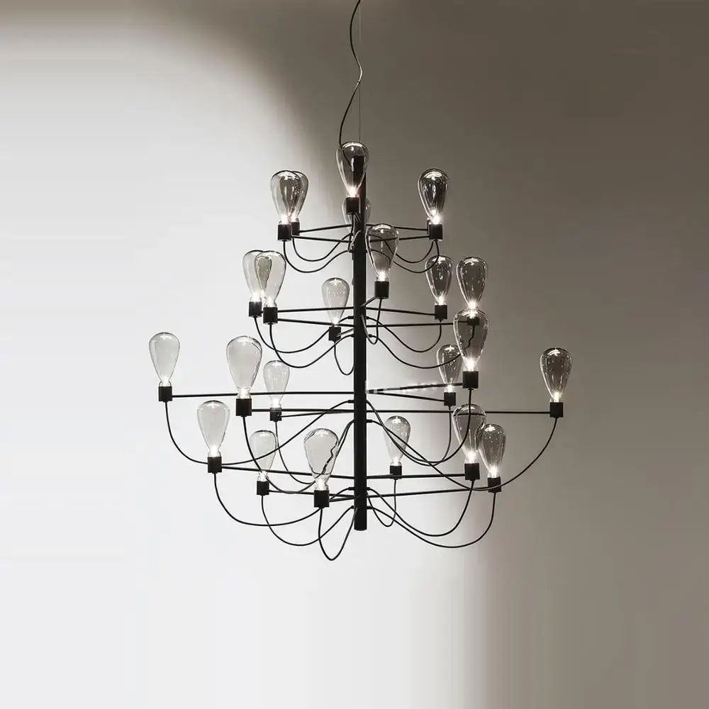Contemporary iron glass chandelier with tiered black metal frame and clear glass bulbs for elegant foyer decorbites contemporary iron