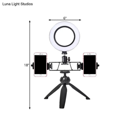 Contemporary led black tripod design ring light with two smartphone holders 6 inch diameter 18 inch height 220v-240v 110v-120v