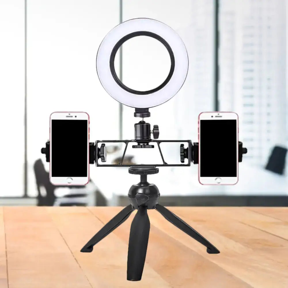 Contemporary led black tripod design ring light with dual phone holders for streaming 220v-240v 110v-120v use