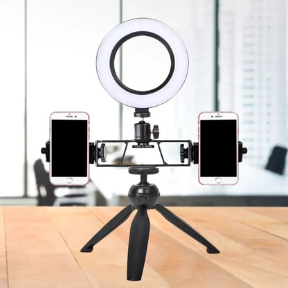 Contemporary led black tripod design ring light with dual phone holders for streaming 220v-240v 110v-120v use