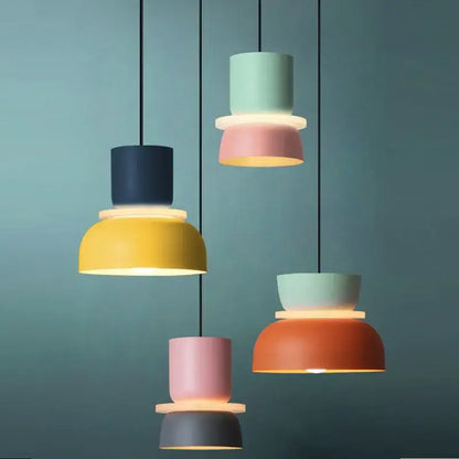 Pastel-colored contemporary led lustre pendant lamp with stacked cylindrical design and warm glowing interiors for living room decor