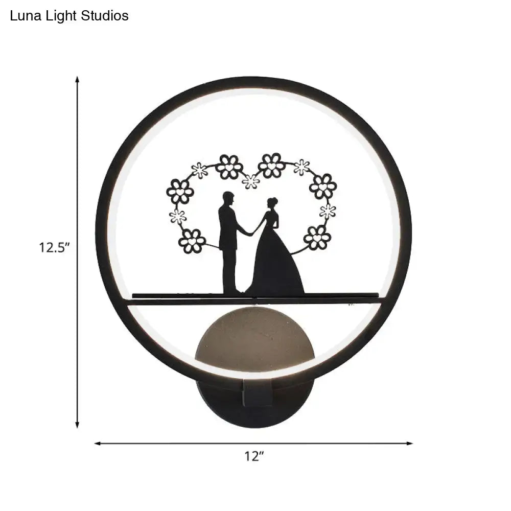 Contemporary lover black circular led wall sconce with floral wreath silhouette design direct wired electric for bedroom