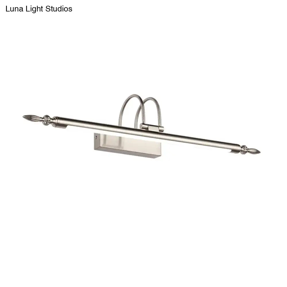 Contemporary nickel finish led wall sconce with silver elongated rod and decorative finials providing warm white light