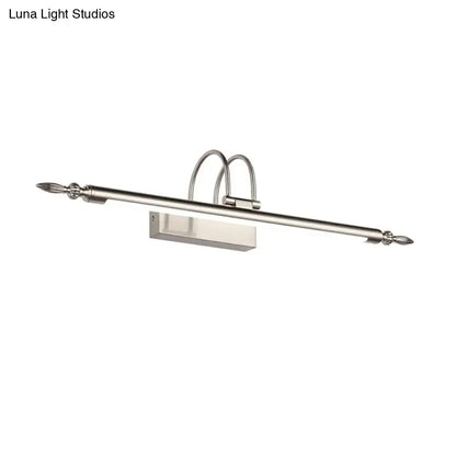 Contemporary nickel finish led wall sconce with silver elongated rod and decorative finials providing warm white light