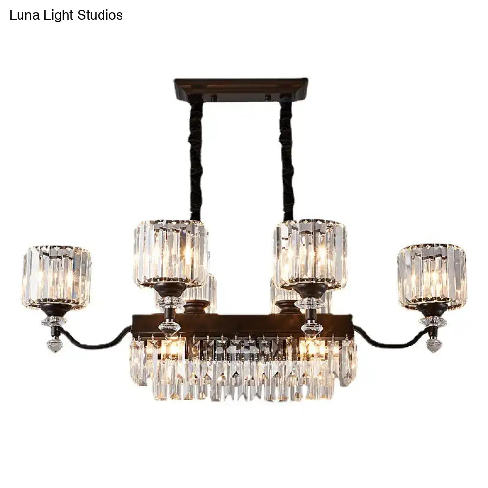 Elegant contemporary prismatic crystal hanging pendant with dark bronze frame and cascading clear glass prisms for restaurants