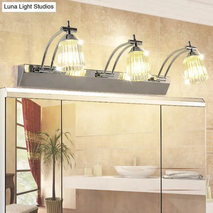Contemporary silver three head crystal vanity light with chrome finish and warm white glass shades wall light