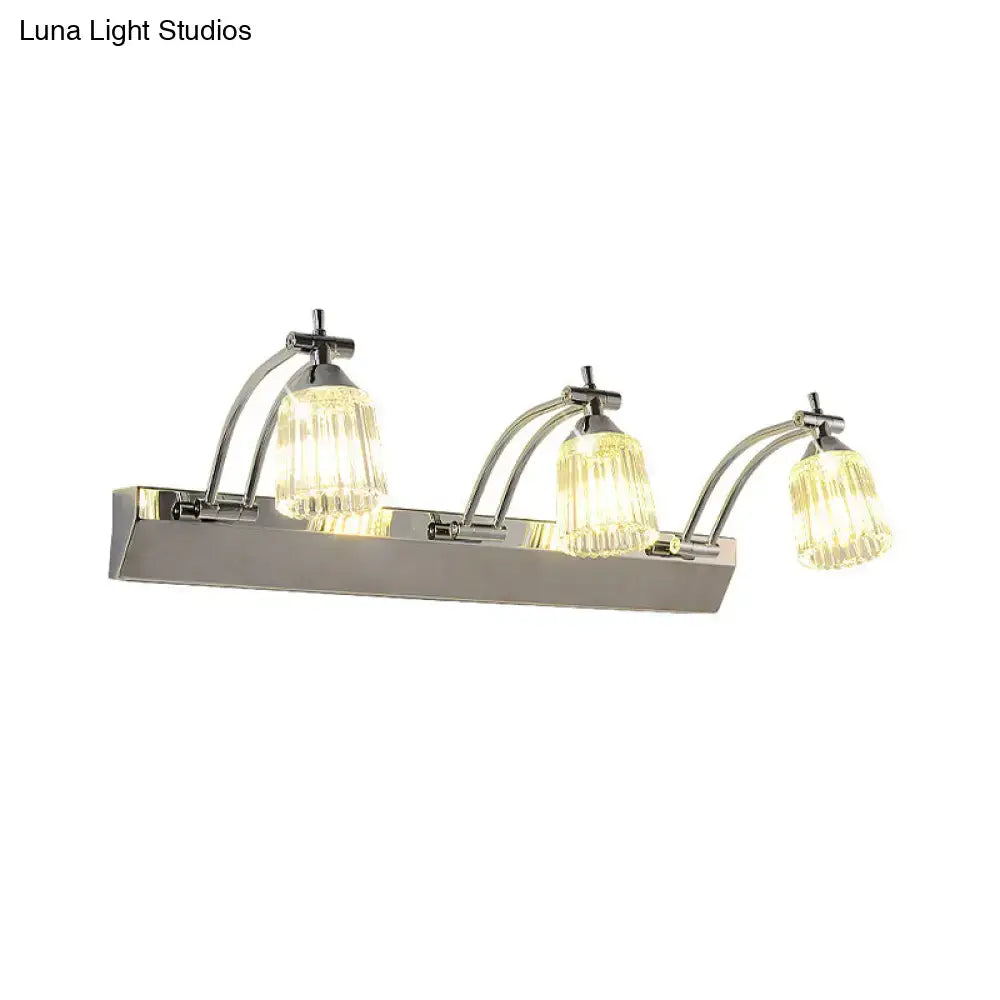 Contemporary silver 3 head crystal vanity light wall light with curved chrome arms and warm white faceted glass shades